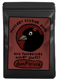 a black crow on a black background with the words'mystery sticker pack'